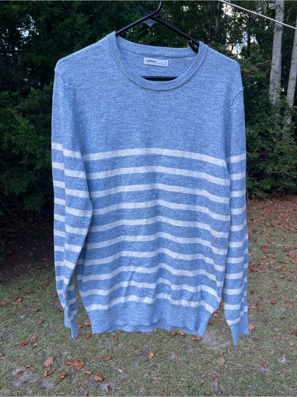 Sonoma Light Blue and White Striped Crewneck Sweater
